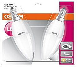 OSRAM Lamps LED-Lampe Star Classic B, klassische Kerzenform, E14-Sockel, 5,7 W-Ersatz für 40 W, Matt, 2700 K, 2er, Glas, E14, 5.7 W, warmweiß, 2 Stück (1er Pack)