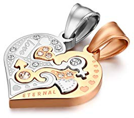 Flongo Partner Anhänger Halskette Partnerketten, 2 Stück Edelstahl Halskette Kette mit Eternal Love Gravur Herz Puzzler Anhänger Schwarz Silber Rose Gold Partnerschmuck Herren,Damen