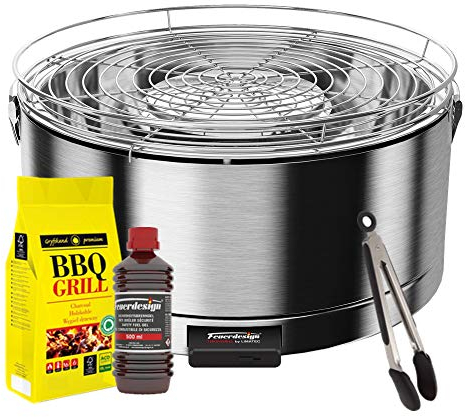 YesEatIs by FEUERDESIGN - MAYON Stainless Steel Grill - KIT WITH IGNITION GEL + 3 Kg Charcoal + Barbecue Tongs