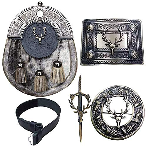 Herren Kilt Gürtel mit Schnalle schottische Kilts Sporran mit Abzeichen Stil Hirschkopf Kilt Pin Fly Plaid Brosche 5-teiliges Set