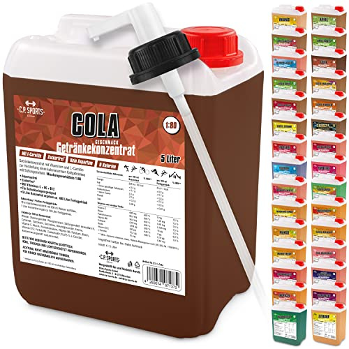 C.P.Sports Boisson minéralisante concentrée 1:80 + pompe doseuse Concentré de boisson 5000 ml, Sirop minéral 26 variétés Boisson vitalisante avec carnitine et vitamines mais sans sucre