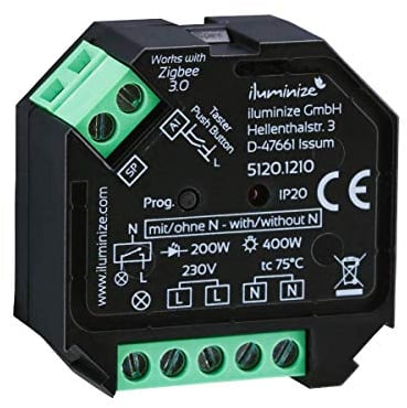 Ohne N-Leiter: iluminize Zigbee 3.0 Schalt-Aktor, 1 Kanal 230V, max. 400W, Lightlink & Touchlink, keine Dimmfunktion