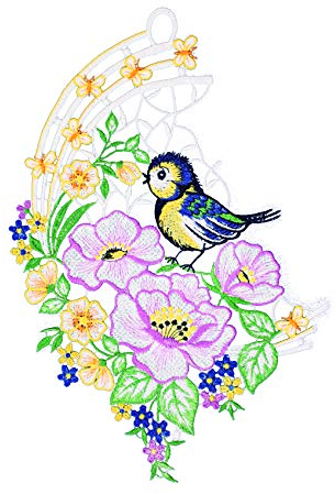 PGV Plauener Spitze Fensterbild Meise im Frühling farbig 19 x 29 cm Fensterdeko Fensterschmuck Bilder Handarbeit Deko Fenster