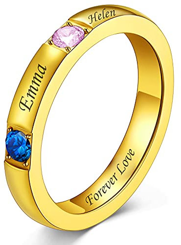 Custom4U Memorial Damen Namenring Gold mit Gravur Edelstahl 3mm beit Geburtsstein Zirkonia Fingerring Schlichter Ehering Freundschaftsring Ringgröße 64.6(20.75)