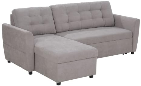 HOMCOM Divano Letto Angolare 3 Posti con Chaise Longue 217x134x85cm Grigio | Contenitore, Rivestimento Effetto Lino