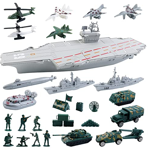 deAO Porte Avions, Maquette de Bateau Militaires Cuirassés Jouets avec VéHicules Militaires, HéLicoptères et Navires, igurines Militaires, Set Militaire pour GarçOns Filles