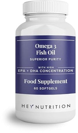 Hey Nutrition Pure Omega-3 Fish Oil 2000mg with Vitamin E - High EPA + DHA Concentration - Maintains Heart, Joint, Brain & Immunity Support - UK Manufactured - Non-GMO - 60 Softgels