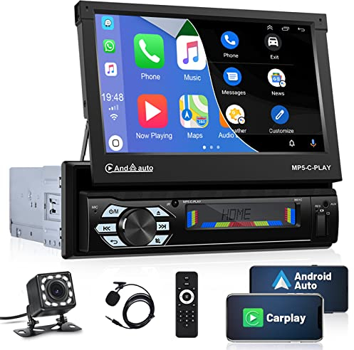 Hikity Radio Coche 1 Din Carplay con Pantalla Táctil Extensible Automática de 7pulgadas Radio de Coche Autoradio con Bluetooth Manos Libres Mirror Link Android Auto USB FM AUX Cámara de Visión Trasera