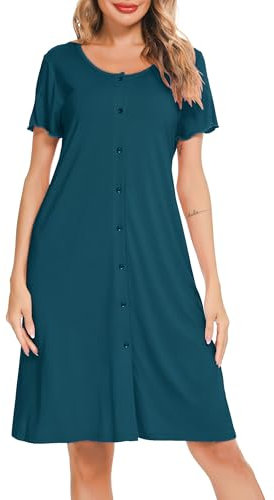 Lovasy Chemise de Nuit Coton Femme Manches Courtes Robe de Nuit Légère Col Rond avec Bouton Maternité pour Femme Allaitement Grande Taille Vêtement de Nuit Douce avec Poches,Bleu,XL