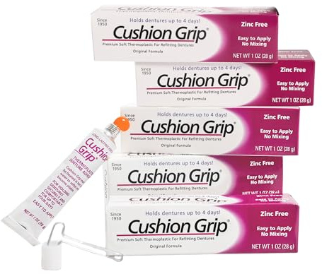Cushion Grip Thermoplastic Denture Adhesive – Refits & Tightens Loose Dentures, Works Like a Denture Reliner for a Long-Lasting, Secure Fit, Cushions Gums, Waterproof & Zinc-Free - 1 oz (Pack of 5)