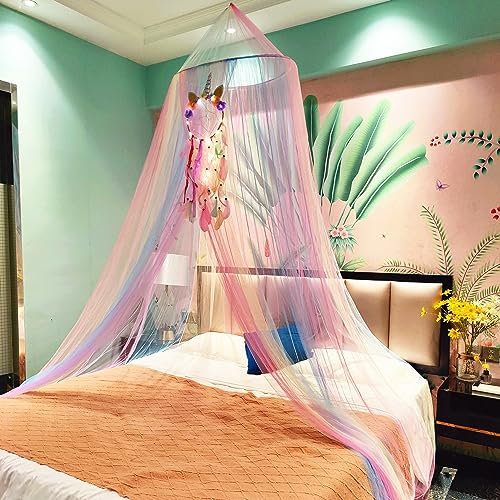 Eimilaly Prinzessin Regenbogen Betthimmel mit Einhorn Traumfänger | Lichter, Betthimmel für Mädchen Zimmer Dekoration oder Einhorn Thema Party