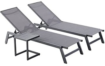CONCEPT USINE | Juego de 2 tumbonas reclinables + mesa auxiliar | baño de sol al aire libre | Prato gris y negro | 2 ruedas | aluminio textil respaldo ajustable | jardín terraza playa piscina