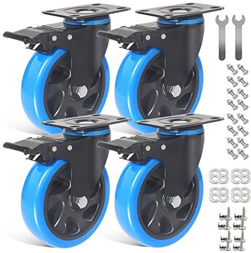IQWTU 125MM Heavy Duty Castor Wheels, Furniture Castors with Brakes, Double Bearing PU Trolley Wheels, Rubber Swivel Casters, 4 Industrial Plate Casters, 800KG Capacity