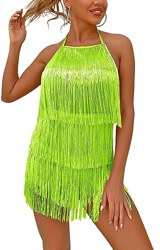 Ella Lust Tuta sexy con frange e schiena scoperta, vestito da cowgirl per concerto country occidentale da donna, pagliaccetto con nappe di Nashville, verde lime, XS