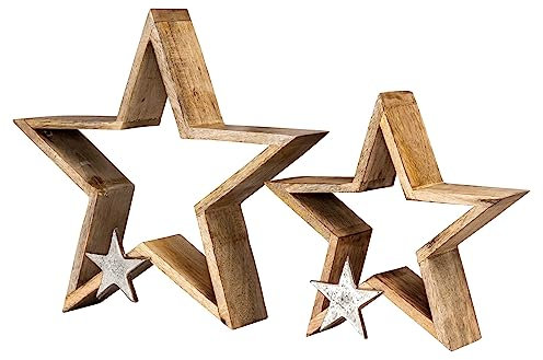 levandeo 2er Set Sterne 25-33cm Mango Holz Natur Braun Silber Weihnachtsdeko Tischdeko Dekoration Deko Aufsteller Weihnachten Wohndekoration Geschenk