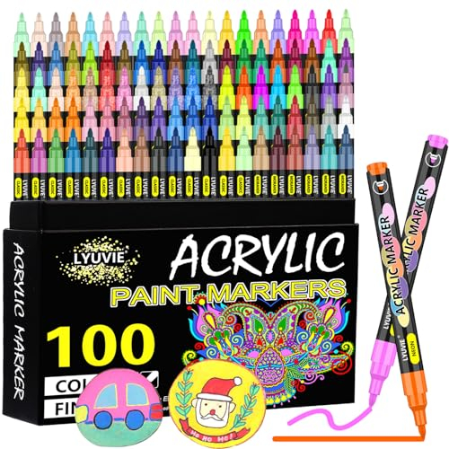 Lyuvie Acrylic Paint Pens,100 Colours Acrylic Pens for Rock Painting Fabric Glass Pebbles Stone Metal Wood Ceramic,Water-Based Permanent Paint Pens Markers with 0.7mm Extra Fine Tip