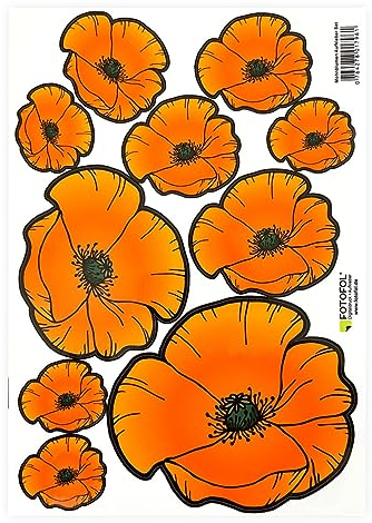 Mohnblumen Aufkleber Set- für Auto, Fahrzeuge, Roller, Moped, Motorrad-Helm, Fahrrad, Laptop, Smartphone - Kühlschrank, Möbel, Mülltonne (Orange)