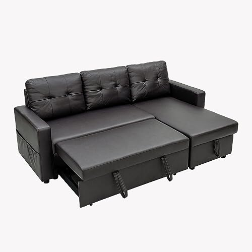 Panana 3 Seater Universal Sofabed, Pull Out Sleeper Corner Couch Bed with Storage Chaise. Black Faux Leather