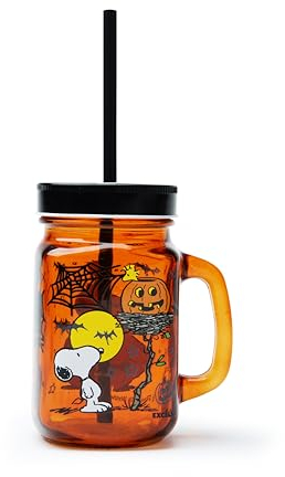 Excelsa Peanuts - Taza de Halloween con pajita, cristal, capacidad de 500 ml.