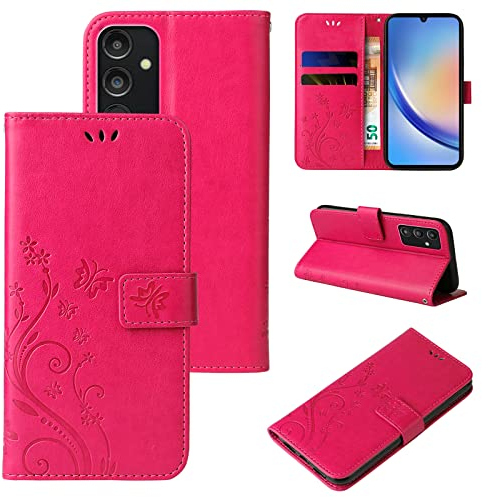 LBH Handy Hülle für Samsung Galaxy A15 / A15 5G Case Handytasche Schmetterling Blumen Flower Standfunktion Schutzhülle Magnet Rundum Schutz 360 Grad Flipcase Cover Pink