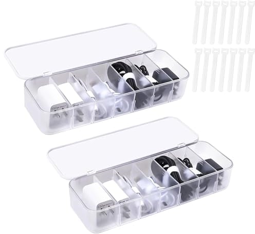 Etievort 2 Stück Kabel Organizer Box, Ladekabel Organizer Box, Kabel Aufbewahrungsbox mit 14 Kabelbinder und 12 Verstellbare Fächern, Ladekabel Aufbewahrung für Lagerung, Bürotrennwand (weiß)