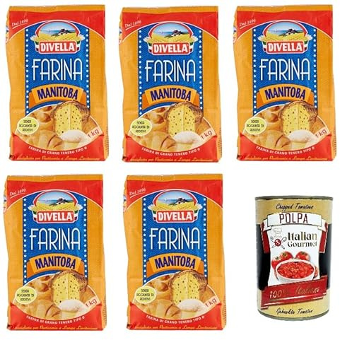 Italian Gourmet Farina Manitoba starkes Mehl für Pizza und Brot 5 x 1kg | Hoher Proteingehalt, ideale per lunghe lievitazioni, elastische Verarbeitung, Gesamtnettogewicht 5 kg + Kostenlos Polpa 400g