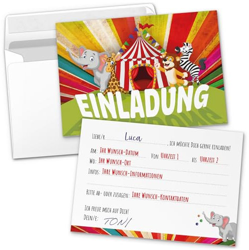 8 PERSONALISIERTE Einladungskarten Kindergeburtstag mit Umschlägen, Zirkus Tiere Zoo, Karte Geburtstag Einladung selbst gestalten mit Text
