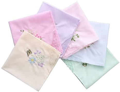 NYGGTYK 6 Stück Damentaschentücher, Retro-Taschentücher, Weiche Baumwolltaschentücher, Spitzentaschentücher, Bestickte Taschentücher (Weiß/Rosa/Gelb/Hellblau/Helllila/Hellgrün)