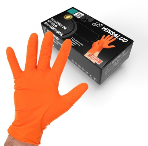 VENSALUD | Guanti monouso in nitrile | extra forte | senza polvere | resistenti | per meccanico, officina, giardinaggio, cucina, tatuaggio, veterinaria, pulizia, senza lattice, 50 pz. | Arancione | L