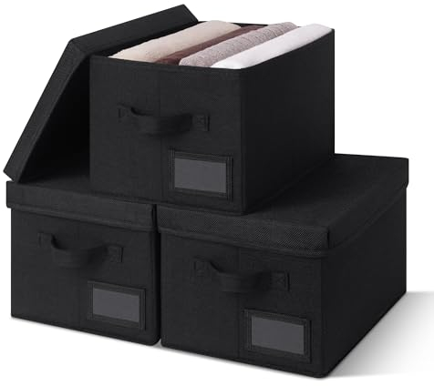 GRANNY SAYS Cloth Storage Boxes With Lids, Pack of 3 Black, Wardrobe Organiser, Baskets for Shelves, Foldable Box for Bedroom Organising Clothes Toys