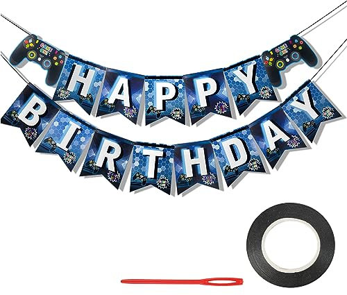 Wimpelkette Happy Birthday, personalisierbar, Gamepad, Geburtstagsflagge, für drinnen und draußen, hängende Dekorationen, perfekt für Teenager, Jungen, Mädchen, 1., 18., 21., 30. Geburtstag, jedes