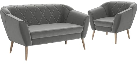 MEBLINI Mini Sofa Set 2-1 für Wohnzimmer - Mini Lounge für DREI Personen - Küchensofa - Sofa Klein - Sitzgarnitur - Polstergarnitur - Sofagarnituren - Gisela - 2+1 - Hellgrau Samt