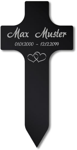 Paule Black Personalisierter Grabstecker Kreuz Grabschmuck mit Text Gravur, Acrylglas Schwarz Hochglanz 150 x 300 mm, wetterfest für Außenbereich, Mama Papa Oma Opa Steckkreuz Name Datum individuell