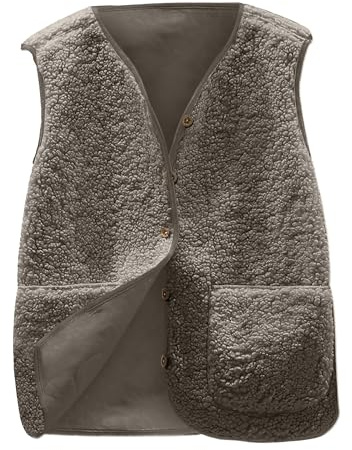 Yutdeng Gilet Donna Pile Invernale Smanicato Elegante Gilet Giubbotto Senza Maniche Giacca Teddy con Scollo a V e Bottoni Leggero Panciotto con Tasche,Cachi,XL