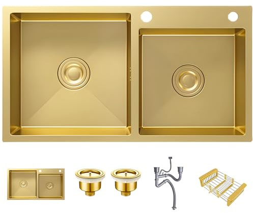 Goldfarbene Doppelbeckenspüle, Edelstahl, Nano-beschichtet, Doppelwaschbecken, 75 x 40 cm, Einklapp-Unterbau, mit goldfarbenem Abflusssieb
