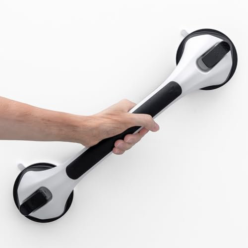 LEVERLOC Dusche Haltegriffe, 43 CM Duschgriff für Badewanne, MAX Halt 110 KG Haltegriff für Senioren, Dusche Griffstangen für ältere Menschen, Wasserdicht, kein Bohren & abnehmbarer Handlauf, Schwarz