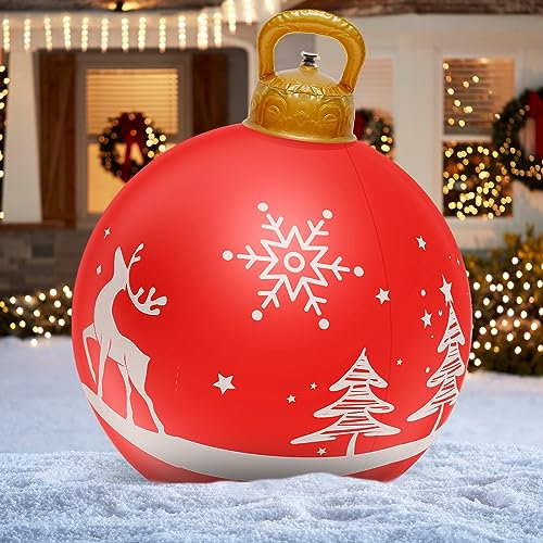 Giant Inflatable Christmas Decorated Ball, 23 Inch PVC Waterproof Blow Up Ball, Reusable Outdoor Inflatables Christmas Decorations for Yard Garden Lawn (Antelope+Tree)