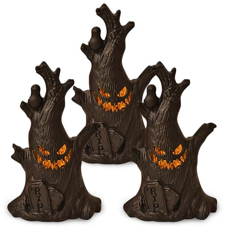 LIULIUDA Halloween Decorations, 3 Pcs LED Electronic Candle Light Ghost Tree Stump Decoration with Battery, Ghost Face Festive Atmosphere Ornaments, Halloween Party Supplies Home Decor Gifts