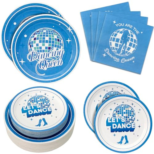 Lot de 180 assiettes en carton et serviettes de table pour 60 personnes Motif Reine dansante Bleu