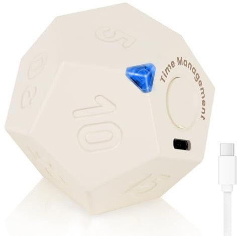 Cuteefun Cubo Temporizador, Pomodoro Timer Rotativo, Temporizador Niños Recargable con Vibración, Gestión del Tiempo de 12 Caras, Alerta Sonora Ajustable para Cocina, Estudio, Reunión, Blanco