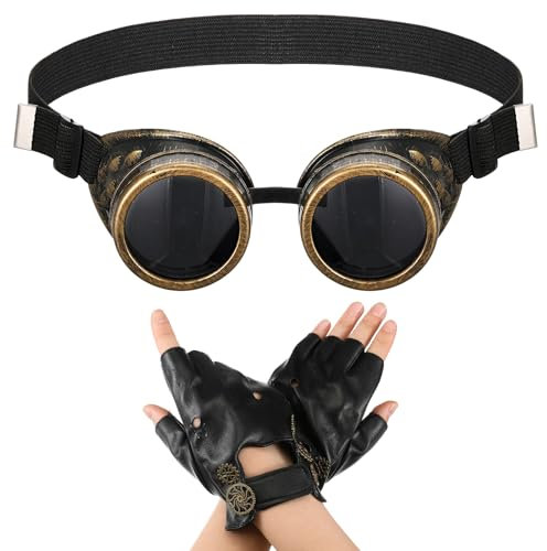 Geyoga Steampunk Set Steampunk Brille Handschuhe PU Fingerlose Glove Unisex Steam Punk Accessoires für Karneval Halloween Party