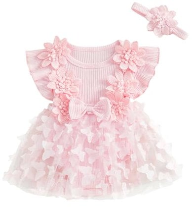 Vioyavo Baby Girl Summer Romper Dress Ruffle Sleeve 3D Flower Clothes Tulle Dress Headband Set Newborn Outfits (Pink, 3-6 Months)