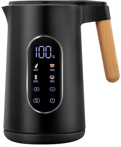 VORSCH Wasserkocher Edelstahl 1,7 L 2200 W, mit Temperatureinstellung Temperaturwahl Warmhaltefunktion 40-100 °C, Trockengehschutz, LCD-Display 360° Basis, doppelwandig BPA-frei, Schwarz