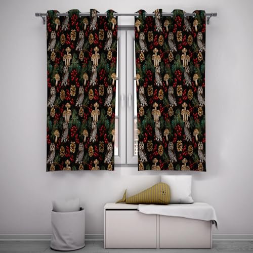 UIRINGART Pilz Ösen Vorhänge Eule Tannenzapfen Rote Stechpalme Beeren Print Fenstervorhänge Verdunkelnde Sichtschutzvorhänge für Wohnzimmer Schlafzimmer 2 Paneele H214xB132