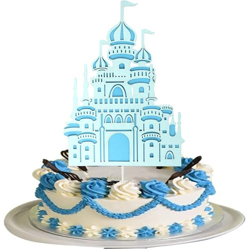 Xsstarmi 1 Pack Castle Theme Cake Topper Blue Princess Castle Cake Pick for Castle Theme Baby Shower Wedding Birthday Party Cake Decorations Supplies