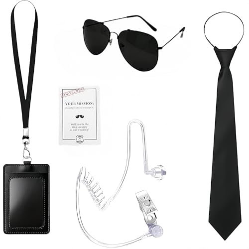 SDXCJY 6PCS Agent Costume Accessories Set, Secret Service Spy Outfit with Sunglasses, Tie, ID Card and Card Holder, Earpiece & Zip Ties for Men Women Kids Cosplay Halloween Party Props (black)