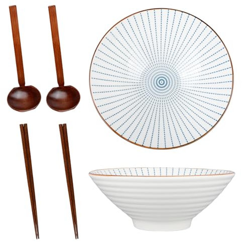MYKAGS 2 Pcs Ramen Bowl, 38 oz Japanese Ramen Bowls with Chopsticks & Spoons 1200ml Large Soup Bowl, Blue and White Ceramic Bowls, 8 Inches
