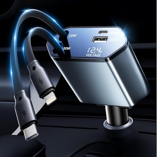100W+ Retractable Car Charger 4 in 1 Fast Car Charger with Retractable Lightnning cable MFi + USB C cable and US.B/USB-C Ports With Voltage Display Compatible for iPhone, Samsung Galaxy