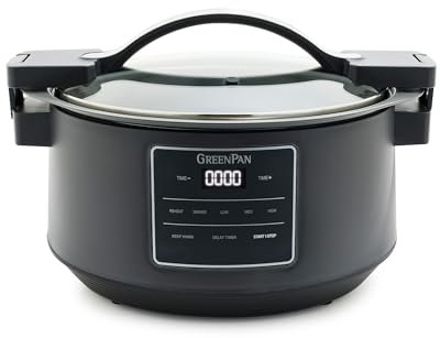 GreenPan 8QT Locking Lid Slow Cooker, Ceramic Nonstick PFAS-Free Removeable Bowl, Silicone & Glass Rim, Travel Friendly, Multi-Cooker, Stovetop Searing & Oven Safe 400°F Dishwasher Safe Parts,Graphite