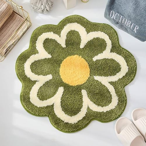 Badezimmerteppich mit Niedlichen Blumen, 60 Cm, Kleiner Runder Teppich, Weiche, Saugfähige Matte, Rutschfeste, Waschbare Fußmatte für Badewanne, Schlafzimmer, Böden, Kinderzimmer, Eingang (Grün)